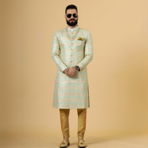 Traditional Lemon-Yellow Sequin Embroidered Sherwani | Father Son Combo | Perfect Groom Wear Achkan